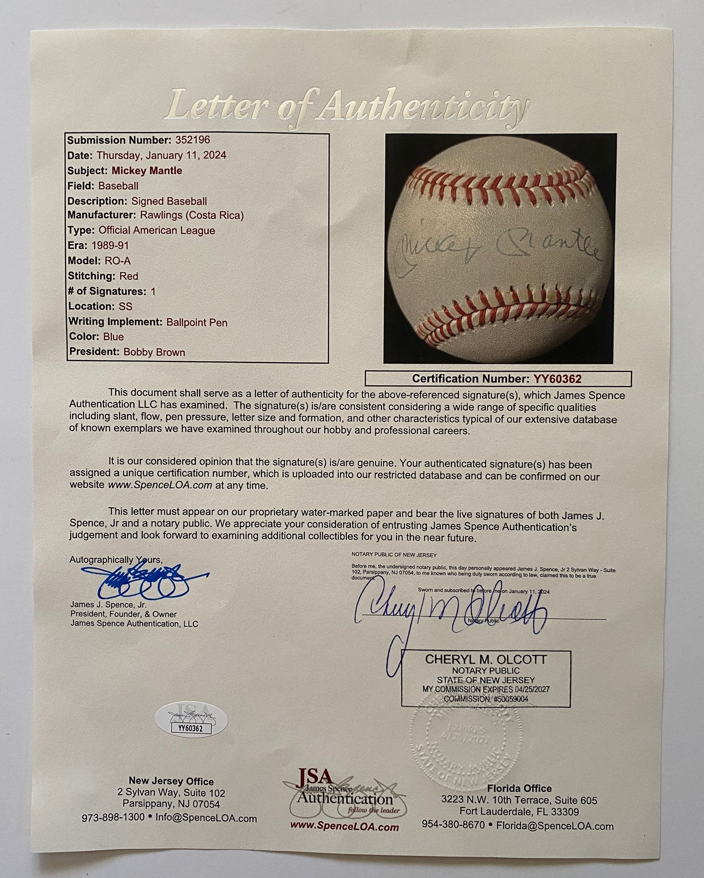 Mickey Mantle Signed Baseball Authenticated By JSA/LOA
