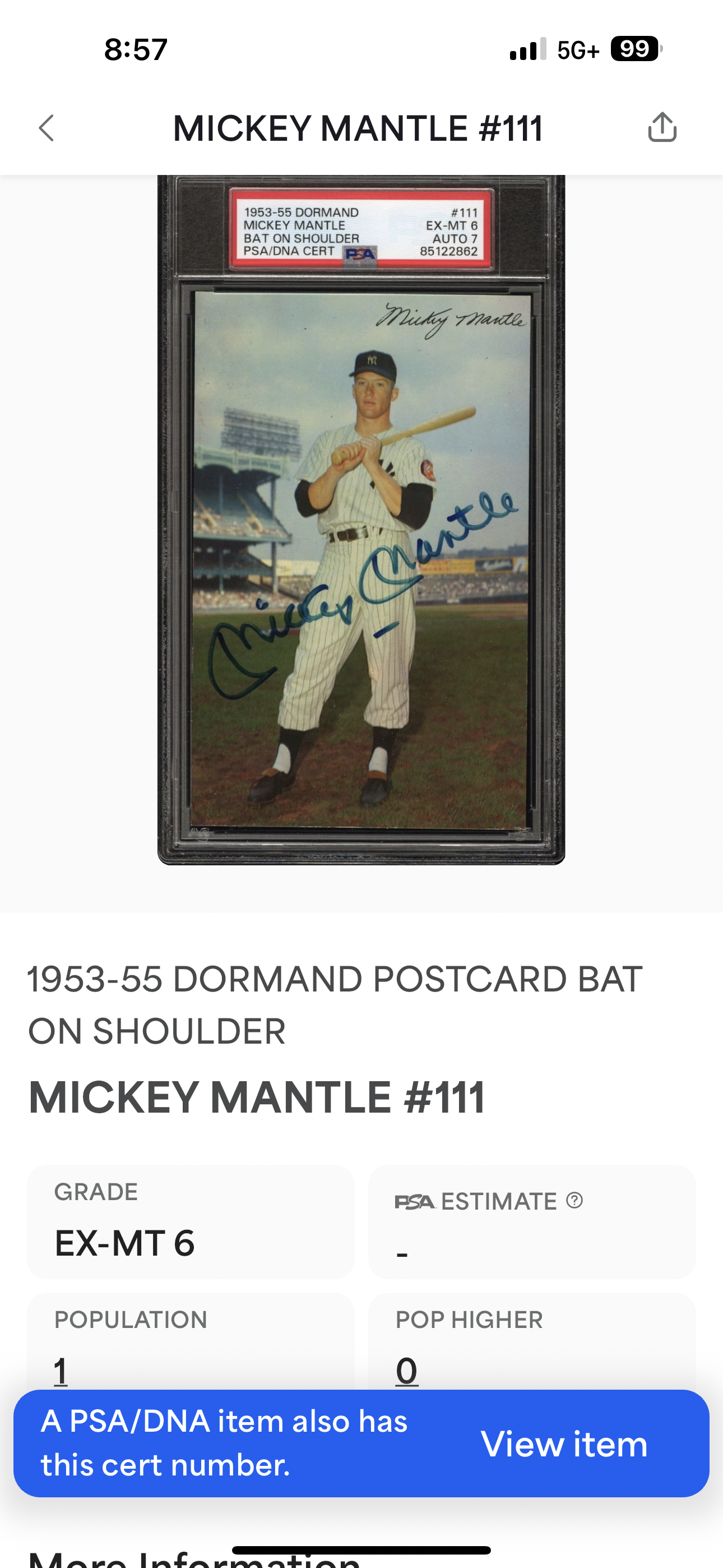 *MICKEY MANTLE 1953 DORMANDS PSA/DNA ON CARD AUTO “PLAYING YEARS” ~ *POP 1