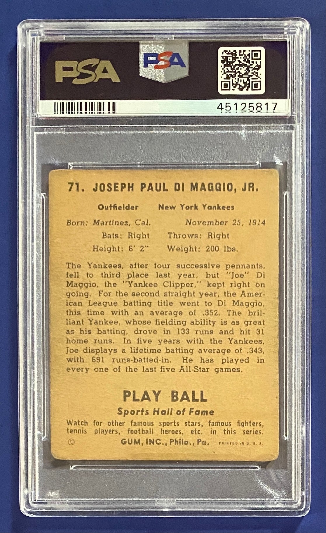 Joe DiMaggio 1941 Play Ball PSA 2.5 Father and Son Sports